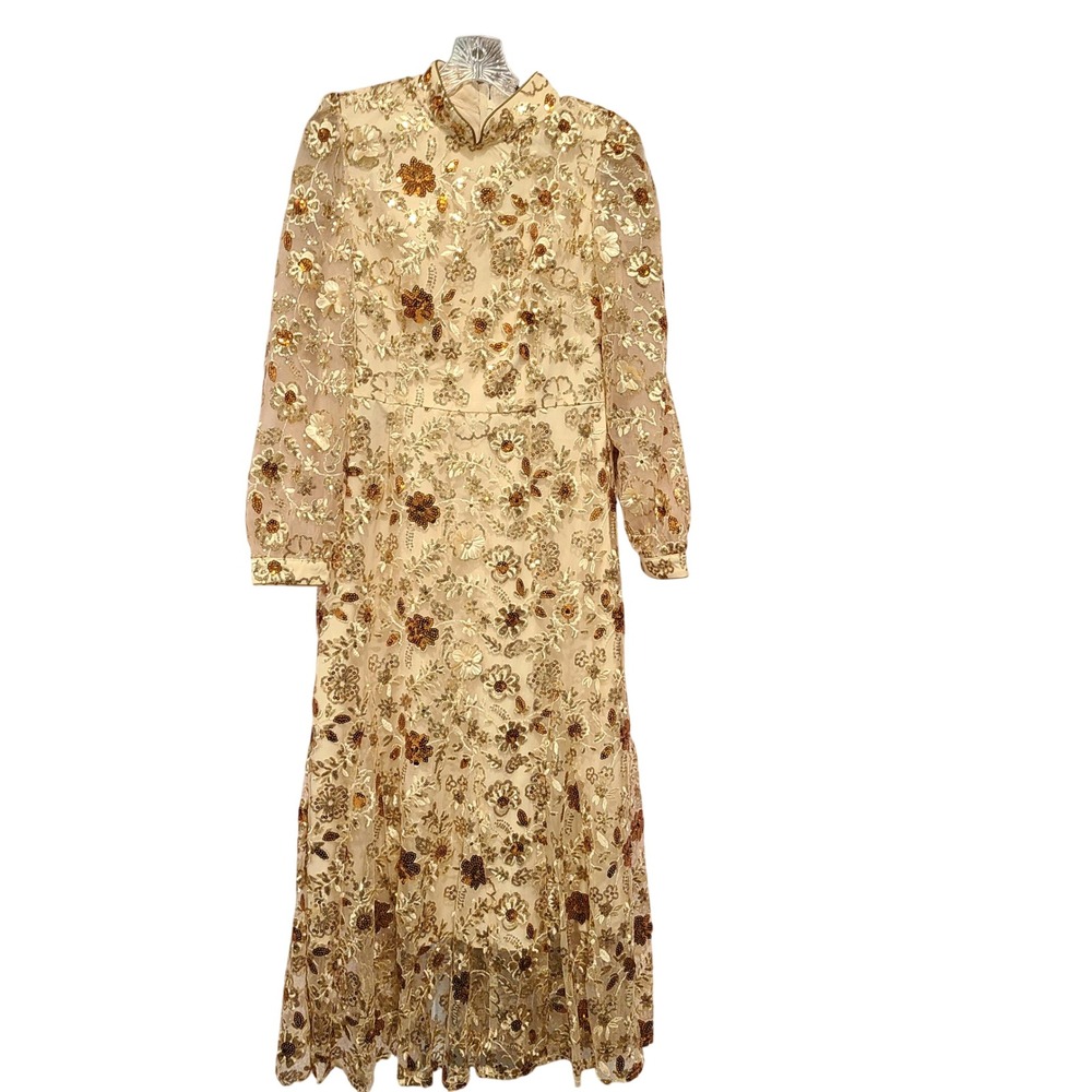 Anewsta Champagne‎ Gold Sequin Floral Embroidery Maxi Dress High Neck Size 6 NEW
